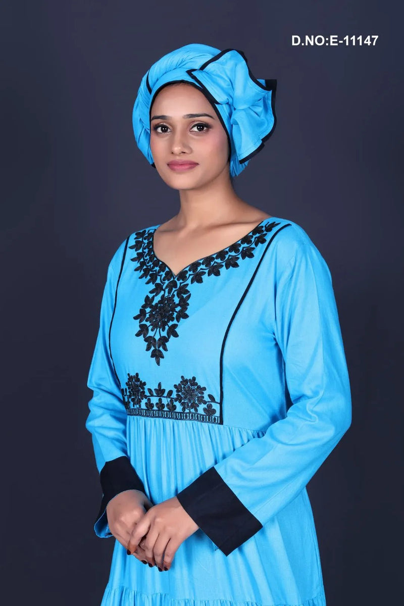 Sky Blue Tiered Kaftan Gown with Black Embroidery for Women - غاجي والا إكسبورت Gajiwala Export