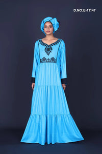 Sky Blue Tiered Kaftan Gown with Black Embroidery for Women - غاجي والا إكسبورت Gajiwala Export