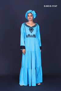 Sky Blue Tiered Kaftan Gown with Black Embroidery for Women - غاجي والا إكسبورت Gajiwala Export
