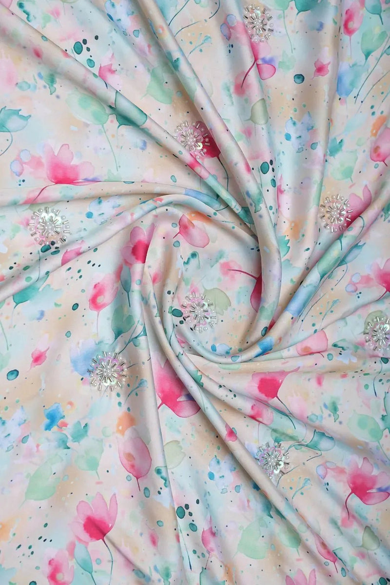 Soft Watercolor Floral Fabric with Silver Handwork Sprigs - غاجي والا إكسبورت Gajiwala Export