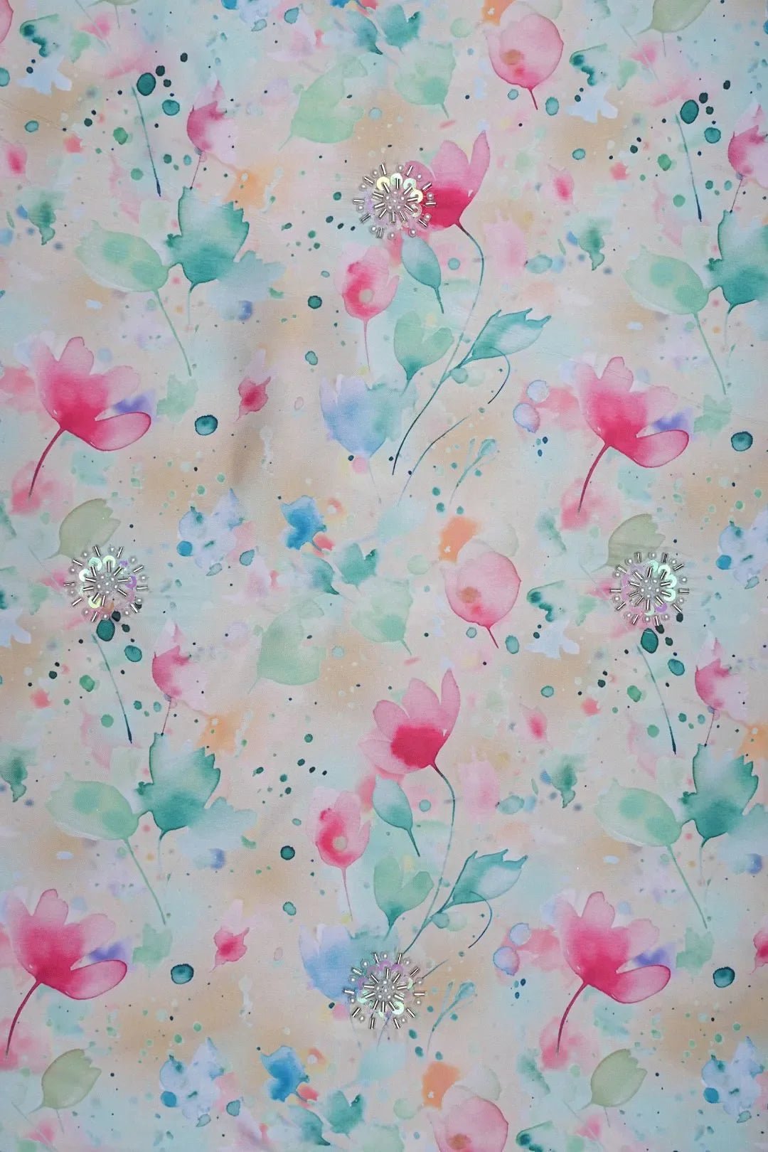Soft Watercolor Floral Fabric with Silver Handwork Sprigs - غاجي والا إكسبورت Gajiwala Export