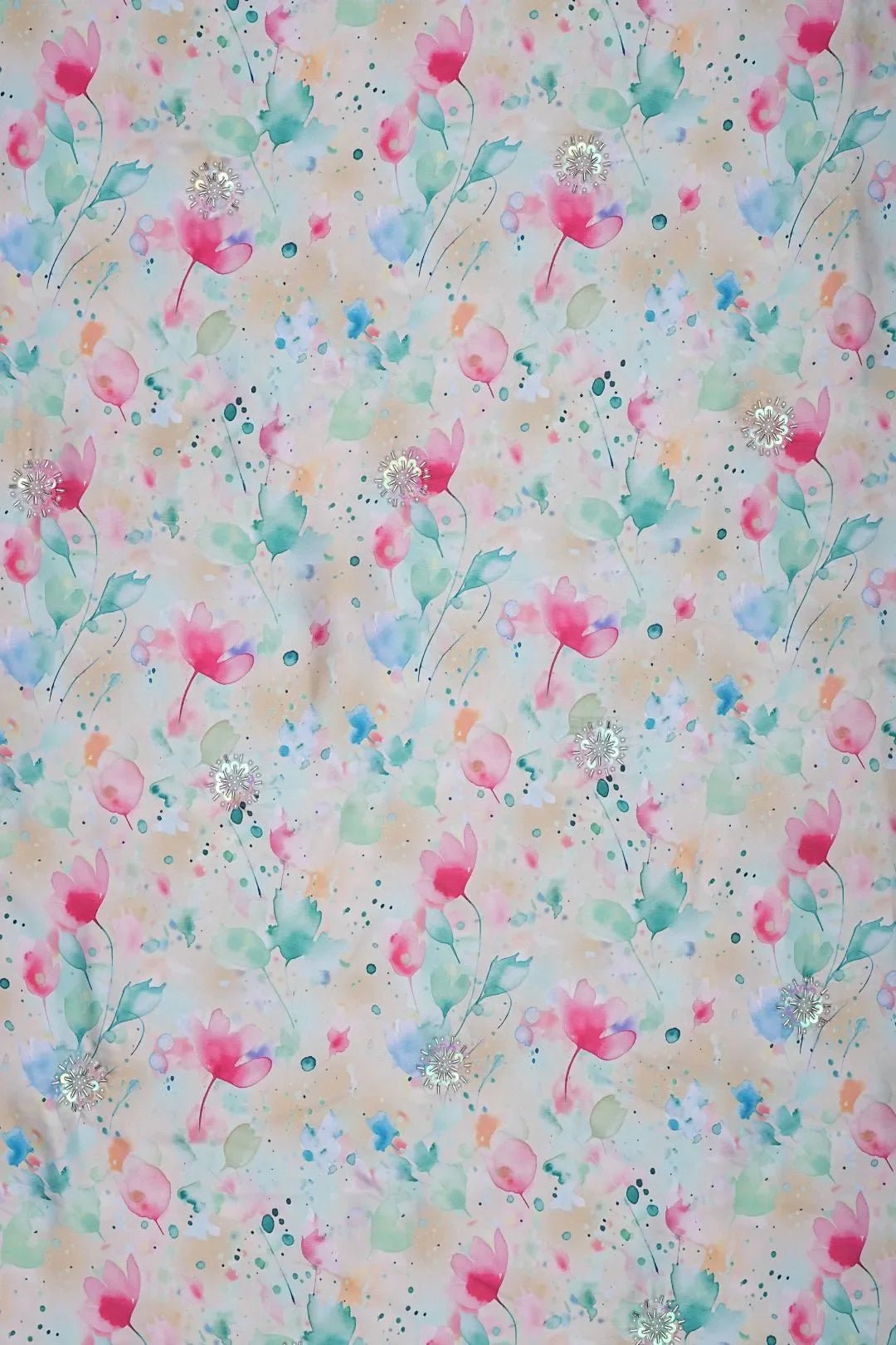 Soft Watercolor Floral Fabric with Silver Handwork Sprigs - غاجي والا إكسبورت Gajiwala Export