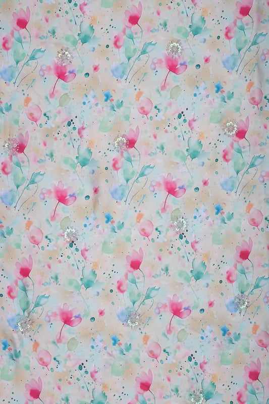 Soft Watercolor Floral Fabric with Silver Handwork Sprigs - غاجي والا إكسبورت Gajiwala Export