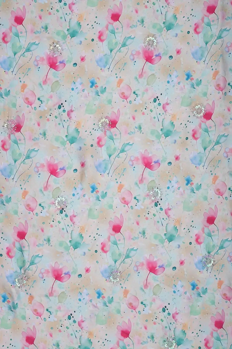 Soft Watercolor Floral Fabric with Silver Handwork Sprigs - غاجي والا إكسبورت Gajiwala Export