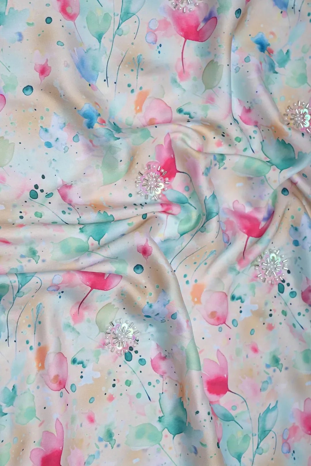 Soft Watercolor Floral Fabric with Silver Handwork Sprigs - غاجي والا إكسبورت Gajiwala Export