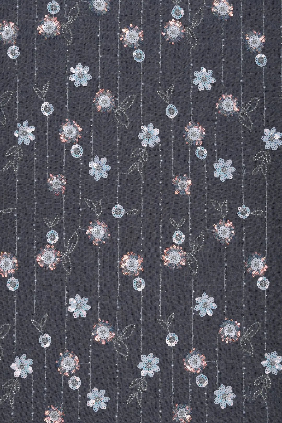 Stripe Mesh with Multi - Toned Floral Embroidery Fabric - غاجي والا إكسبورت Gajiwala Export