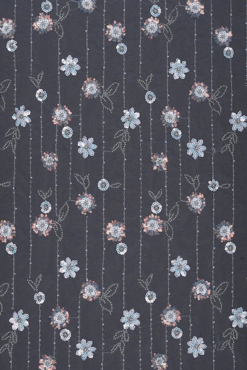 Stripe Mesh with Multi - Toned Floral Embroidery Fabric - غاجي والا إكسبورت Gajiwala Export