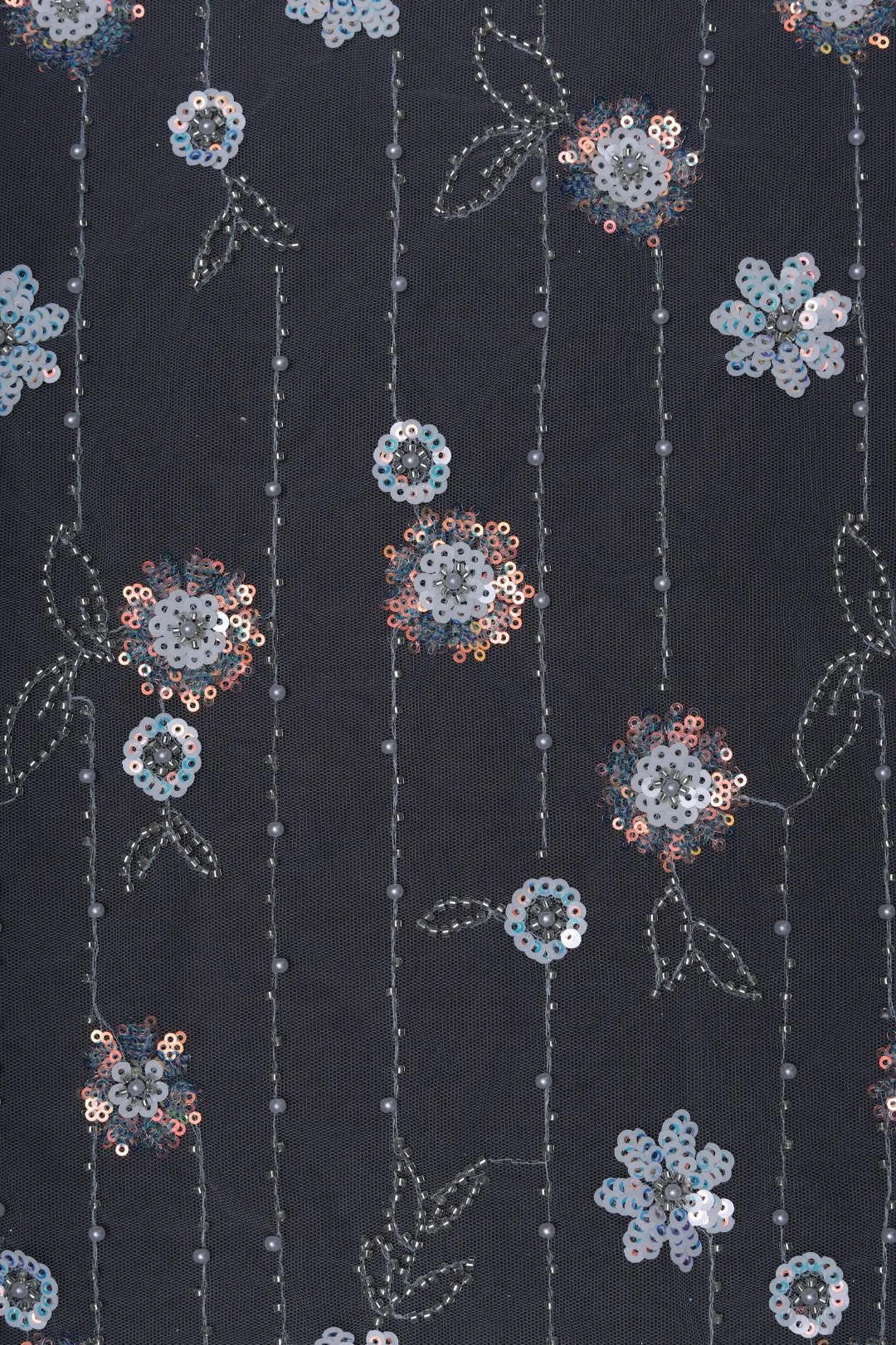 Stripe Mesh with Multi - Toned Floral Embroidery Fabric - غاجي والا إكسبورت Gajiwala Export