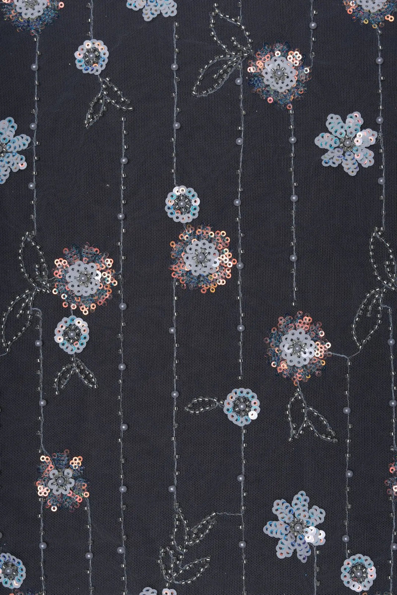 Stripe Mesh with Multi - Toned Floral Embroidery Fabric - غاجي والا إكسبورت Gajiwala Export