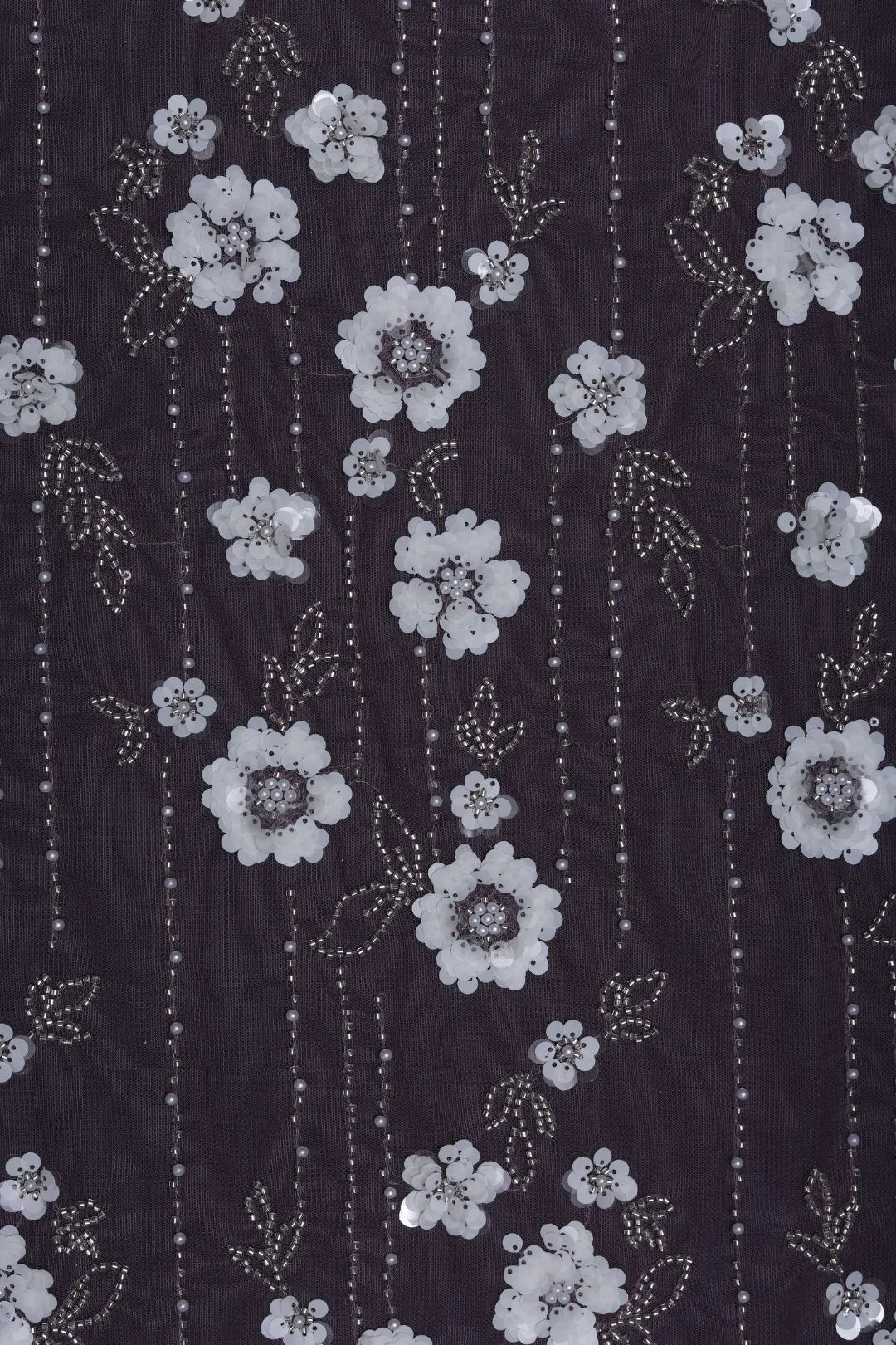 Stripe Mesh with White Floral Embroidery Fabric - غاجي والا إكسبورت Gajiwala Export