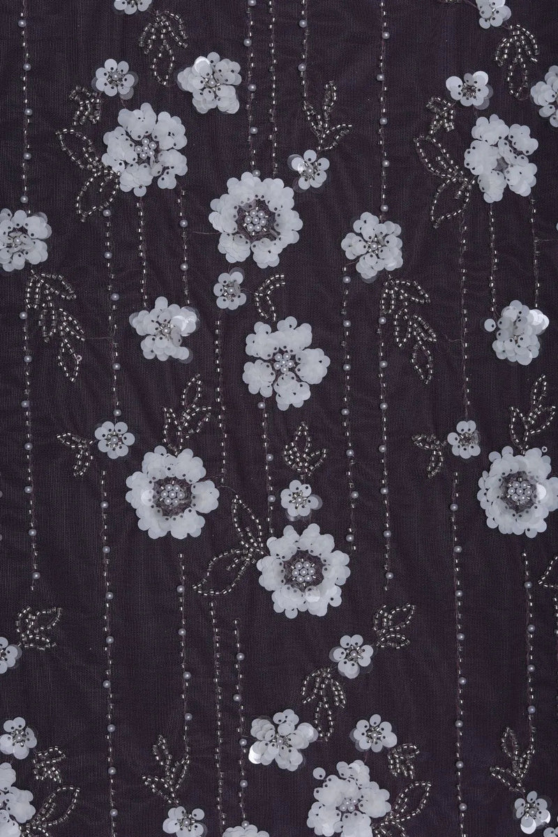 Stripe Mesh with White Floral Embroidery Fabric - غاجي والا إكسبورت Gajiwala Export