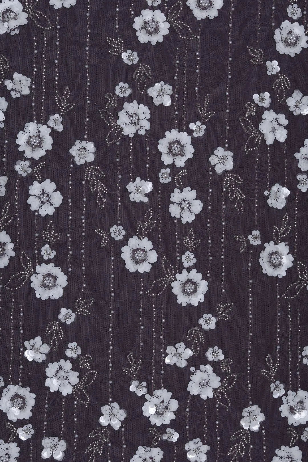 Stripe Mesh with White Floral Embroidery Fabric - غاجي والا إكسبورت Gajiwala Export