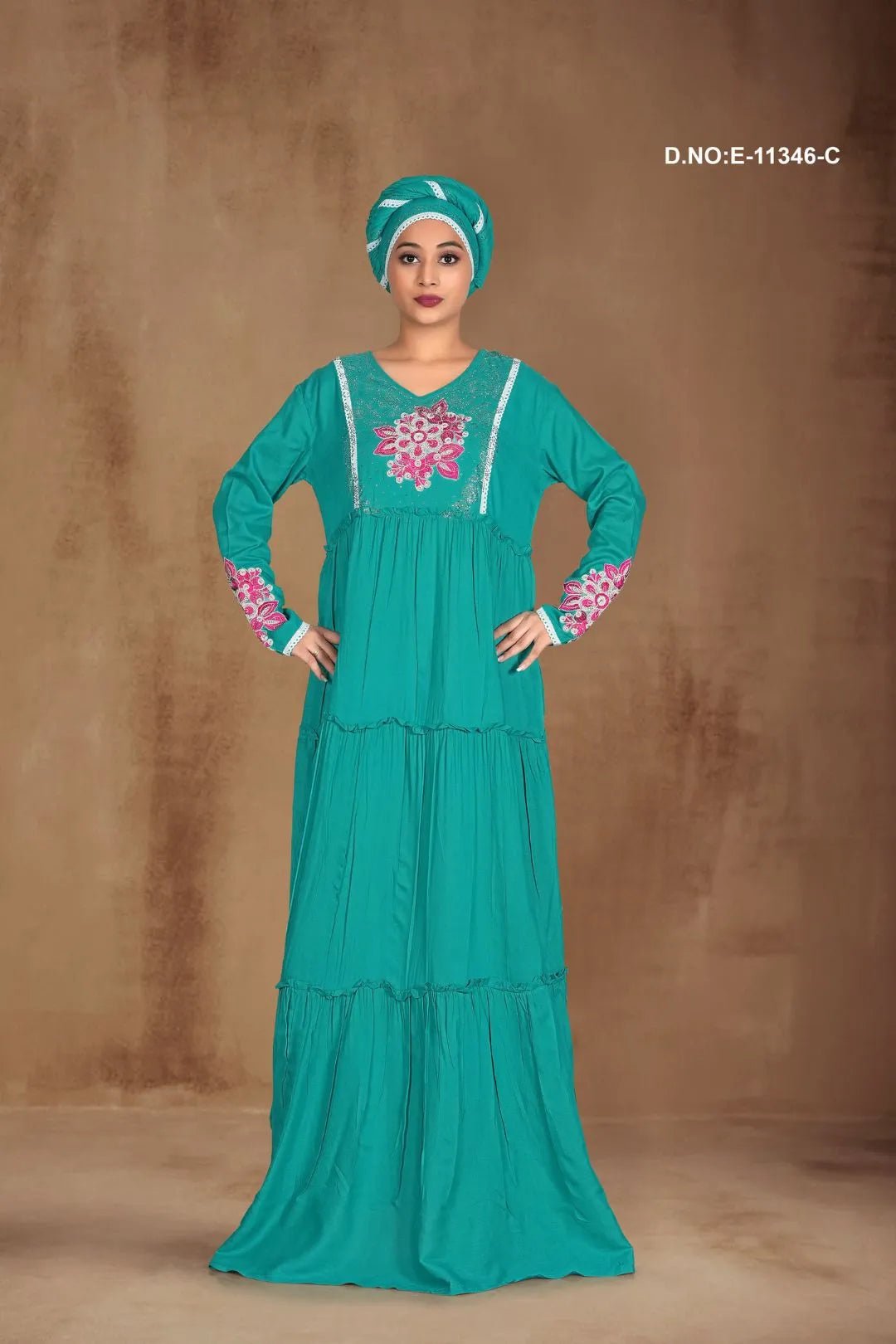 Tiered Kaftan Gown with Floral Embroidery For Women - غاجي والا إكسبورت Gajiwala Export