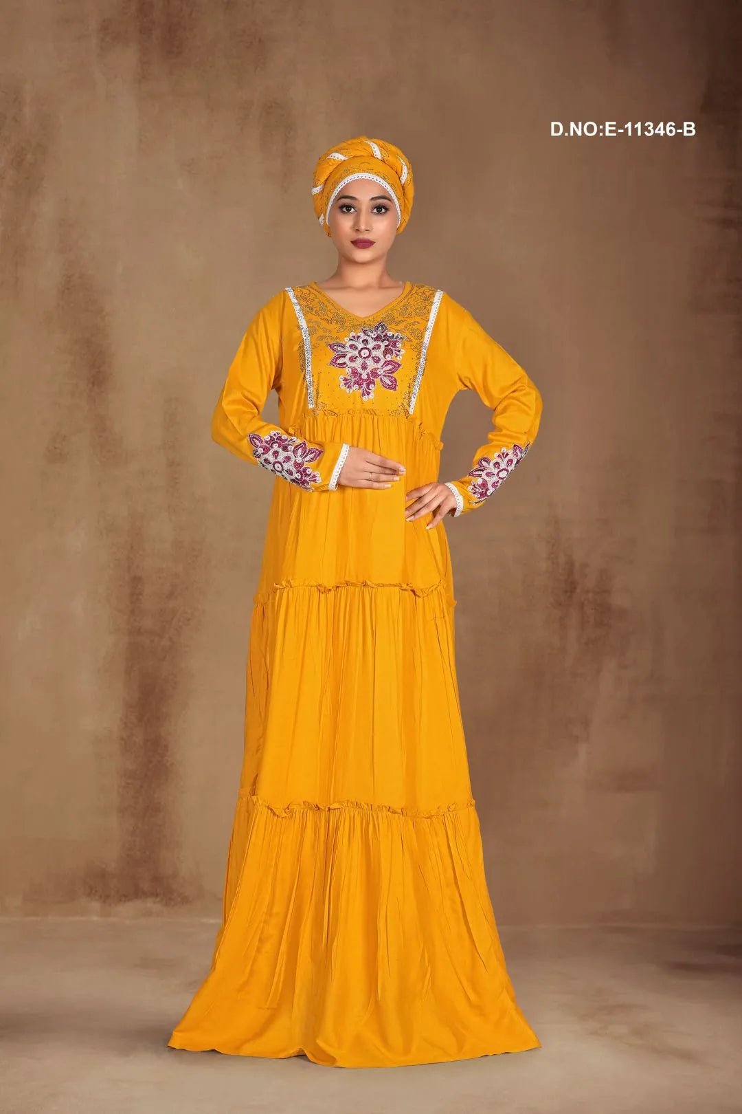 Tiered Kaftan Gown with Floral Embroidery For Women - غاجي والا إكسبورت Gajiwala Export