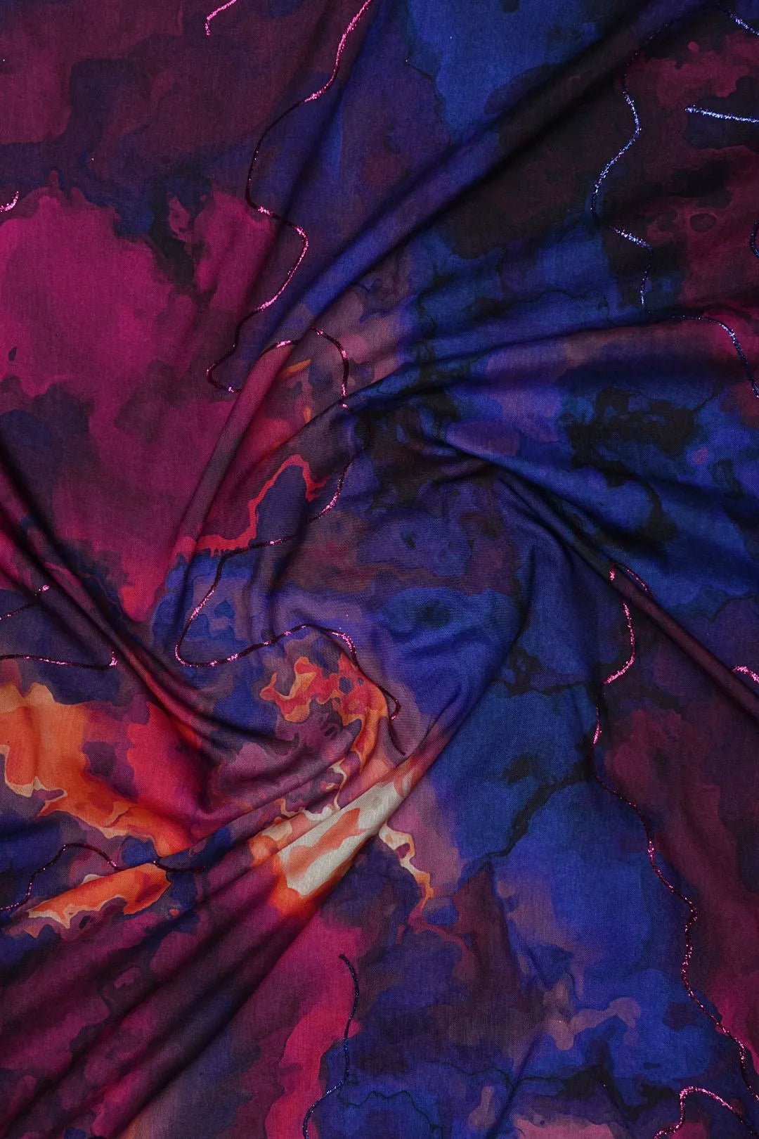 Twilight Chaos Abstract with Neon Zari Trails Fabric - غاجي والا إكسبورت Gajiwala Export