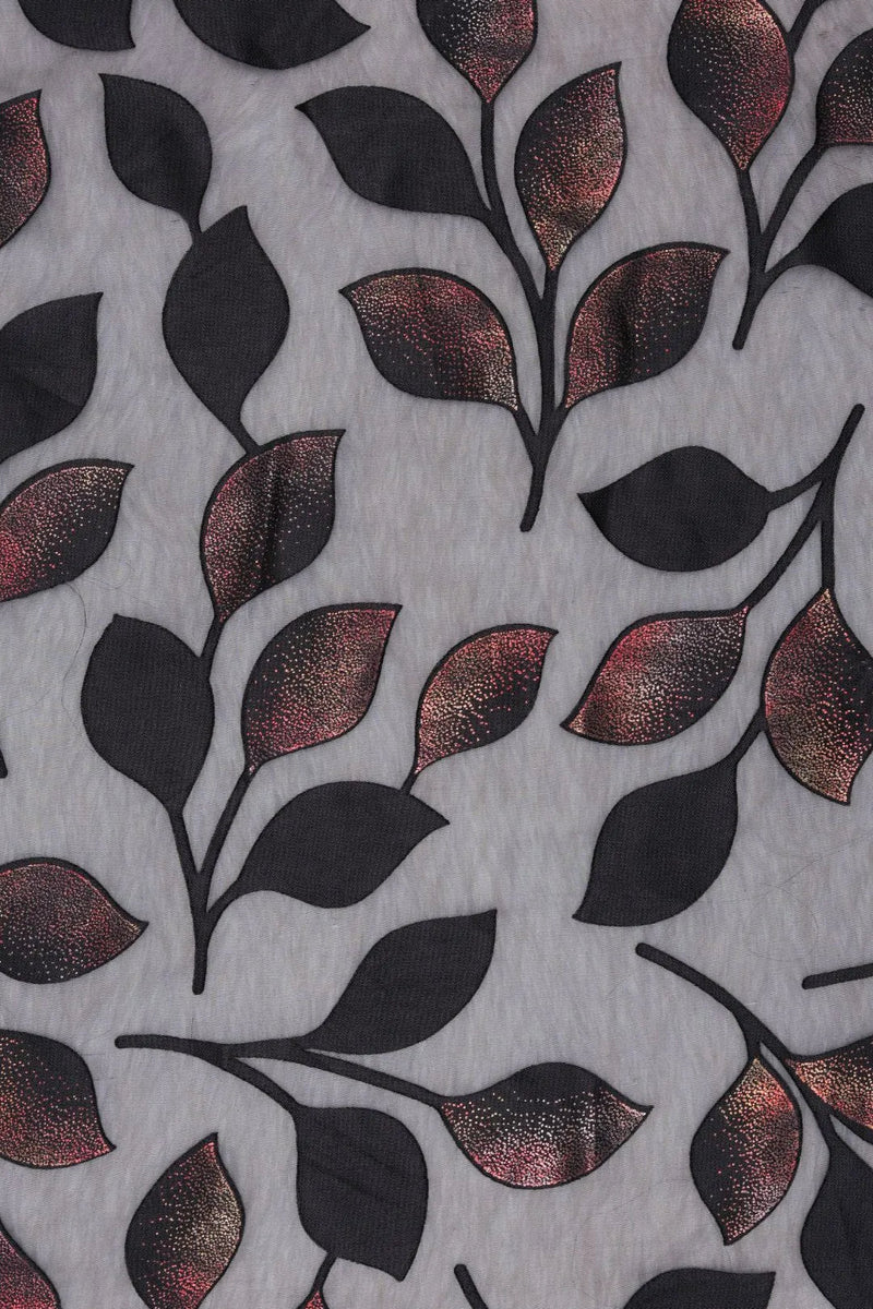 Twilight Vine Appliqué Mesh fabric with Iridescent Metallic Leaves - غاجي والا إكسبورت Gajiwala Export