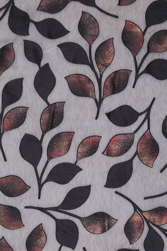 Twilight Vine Appliqué Mesh fabric with Iridescent Metallic Leaves - غاجي والا إكسبورت Gajiwala Export