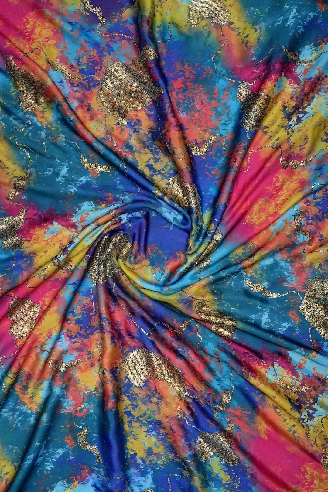 Vibrant Abstract Digital Print Fabric with Gold Leaf Foil - غاجي والا إكسبورت Gajiwala Export