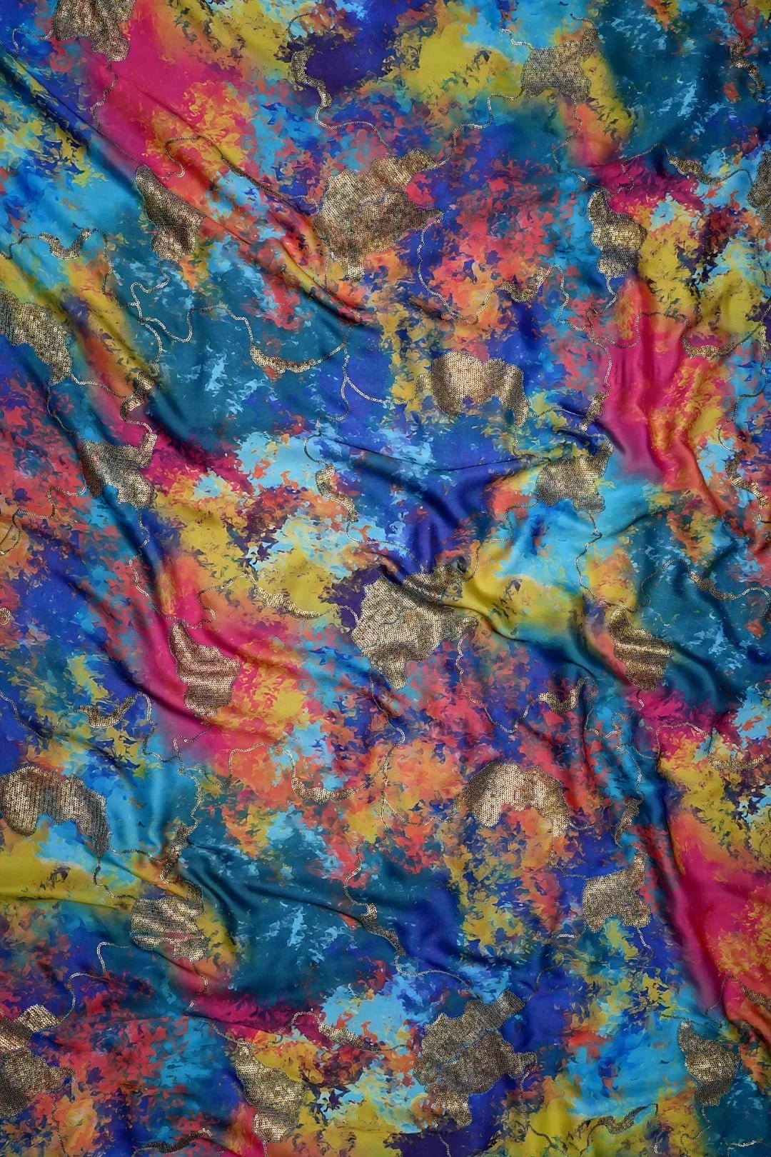 Vibrant Abstract Digital Print Fabric with Gold Leaf Foil - غاجي والا إكسبورت Gajiwala Export
