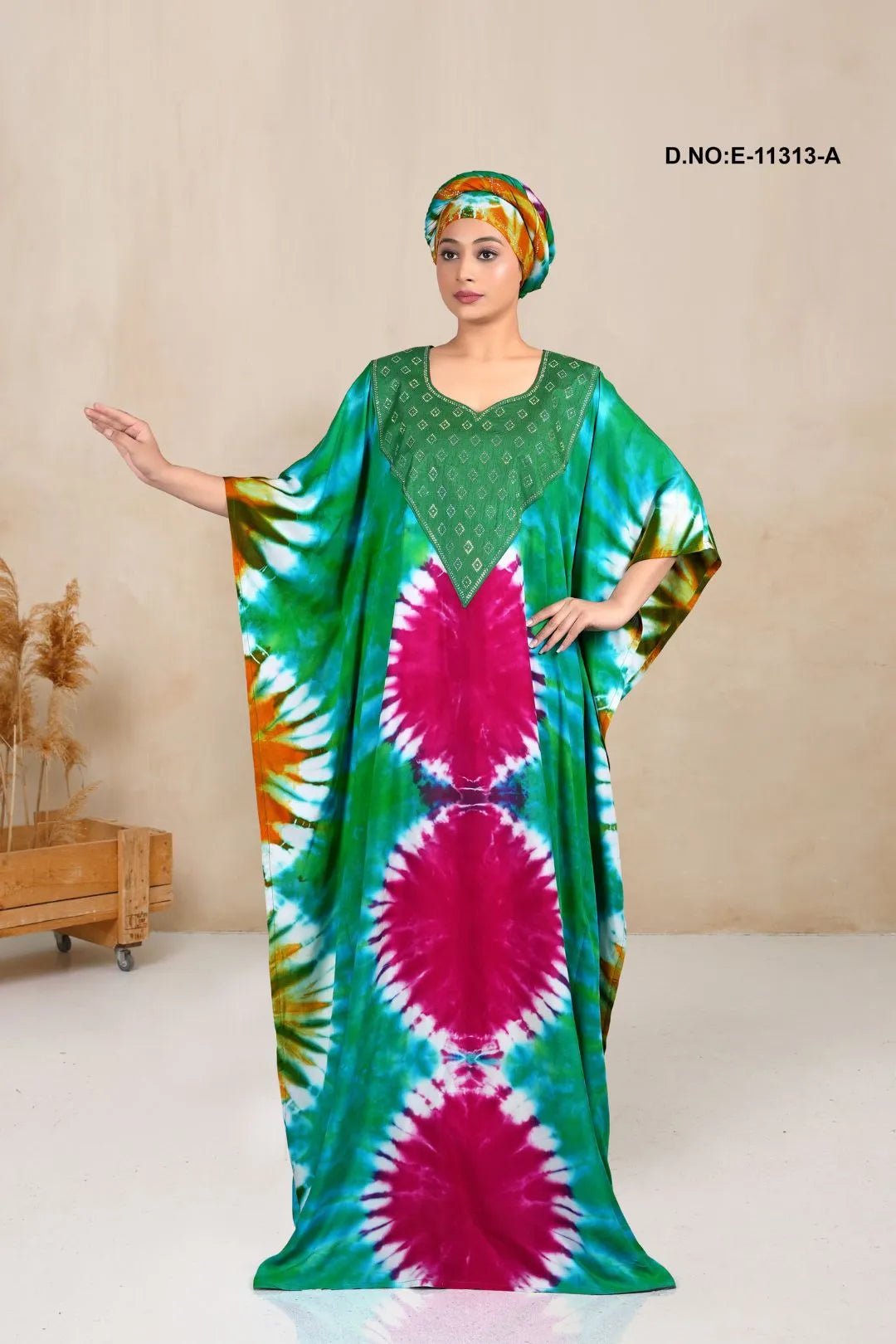 Vibrant Farasha Gown with Emerald Yoke Art - غاجي والا إكسبورت Gajiwala Export