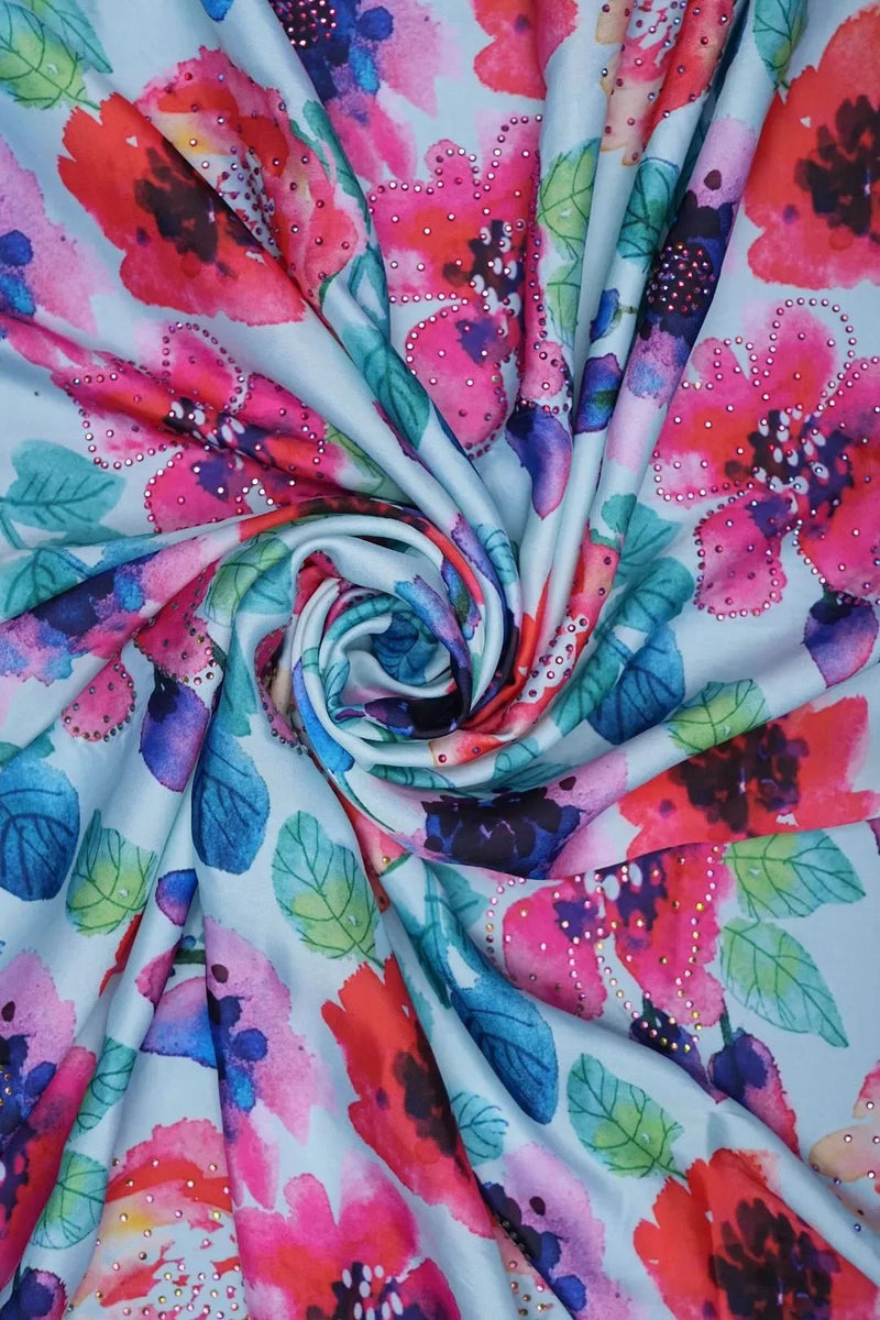 Watercolor Garden Floral Print Fabric with Crystal Centers - غاجي والا إكسبورت Gajiwala Export