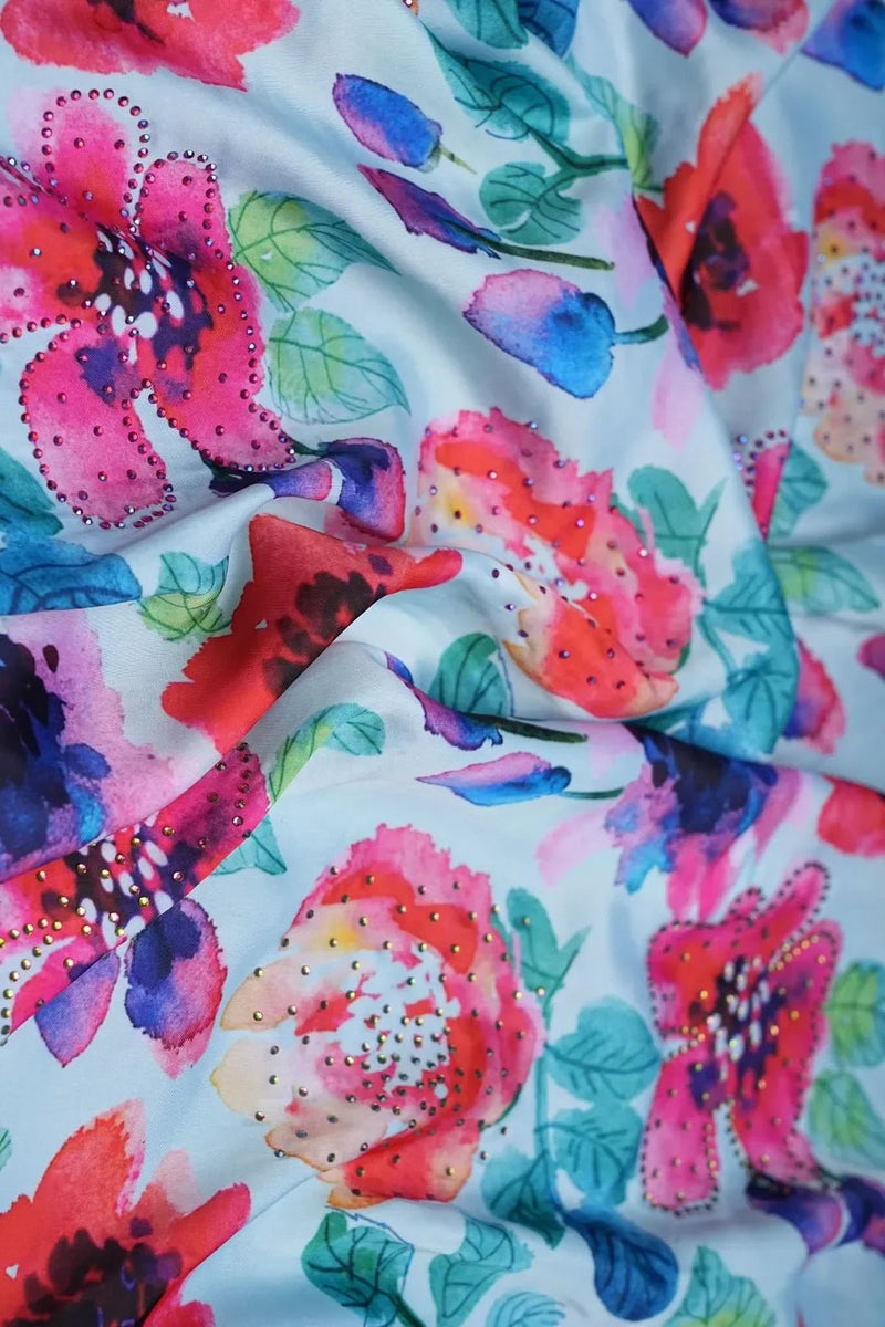 Watercolor Garden Floral Print Fabric with Crystal Centers - غاجي والا إكسبورت Gajiwala Export