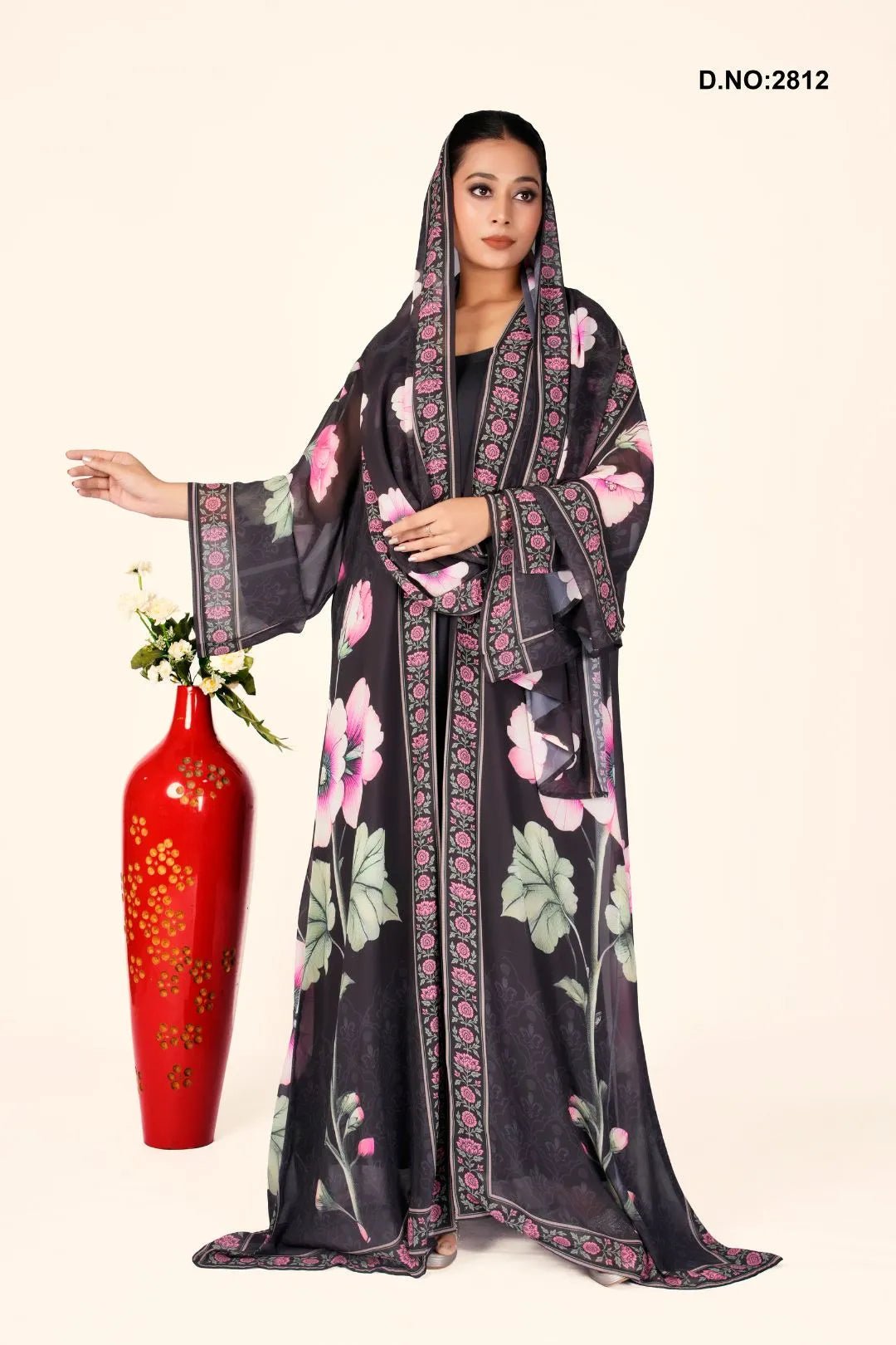 Weightless Chiffon Shrug with Pink - Green Floral Elegance - غاجي والا إكسبورت Gajiwala Export