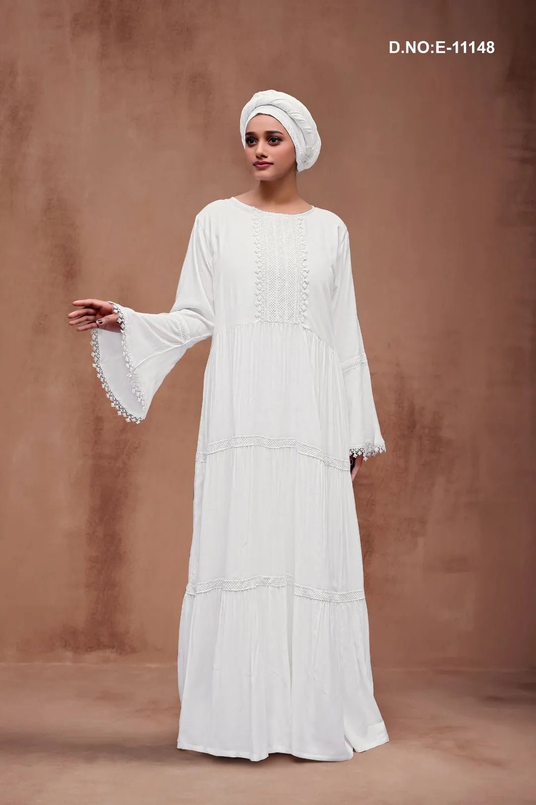 White Flowing Kaftan with Tiered Lace Trim - غاجي والا إكسبورت Gajiwala Export