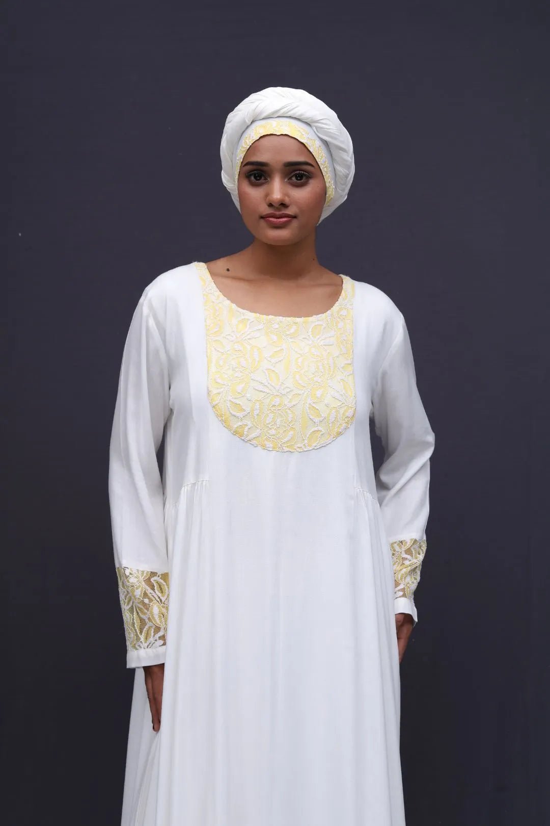 White Kaftan with Gold Floral Embroidery - غاجي والا إكسبورت Gajiwala Export