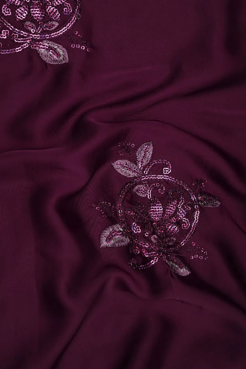 Wine Fabric with Tonal Sequin Floral Appliqué - غاجي والا إكسبورت Gajiwala Export