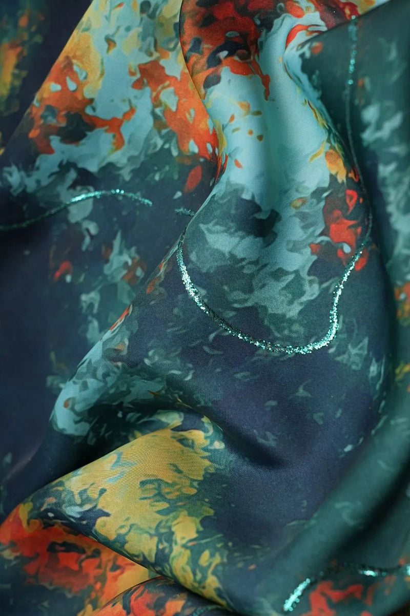 Woodland Digital Print with Glittering Aqua Outlines - غاجي والا إكسبورت Gajiwala Export